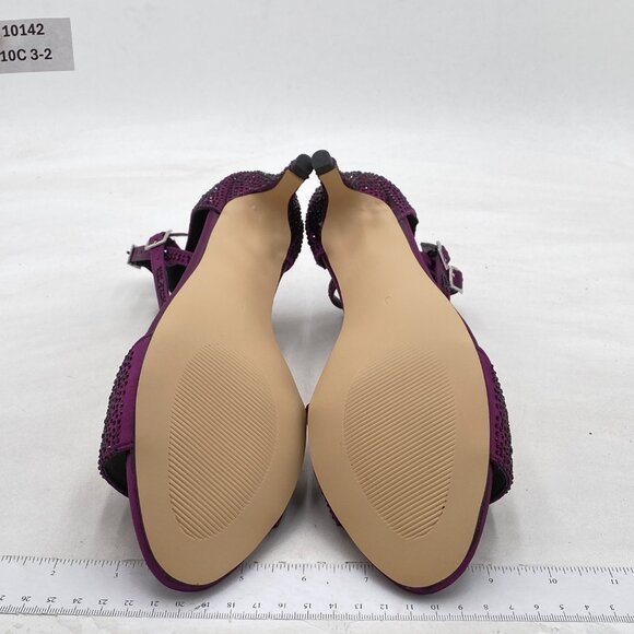 XYD Purple Satin Rhinestone Kitten Heel Sandals Ankle Strap Open Toe Prom Shoes - Picture 7 of 8